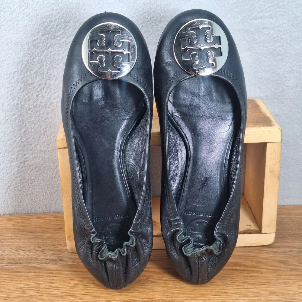 Tory Burch Minnie Travel Womens 7 Ballet Flats Black Leather Gold Logo Medallion
